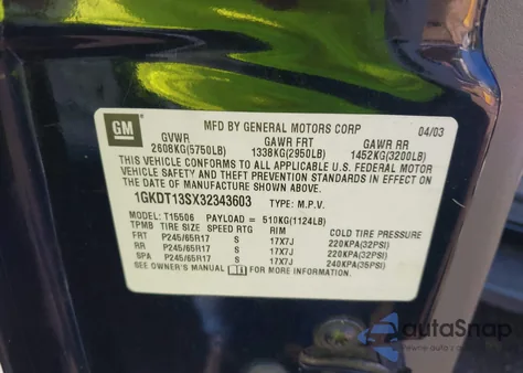 2003 GMC Envoy Sle z USA, uszkodzony, nr VIN 1GKDT13SX32343603